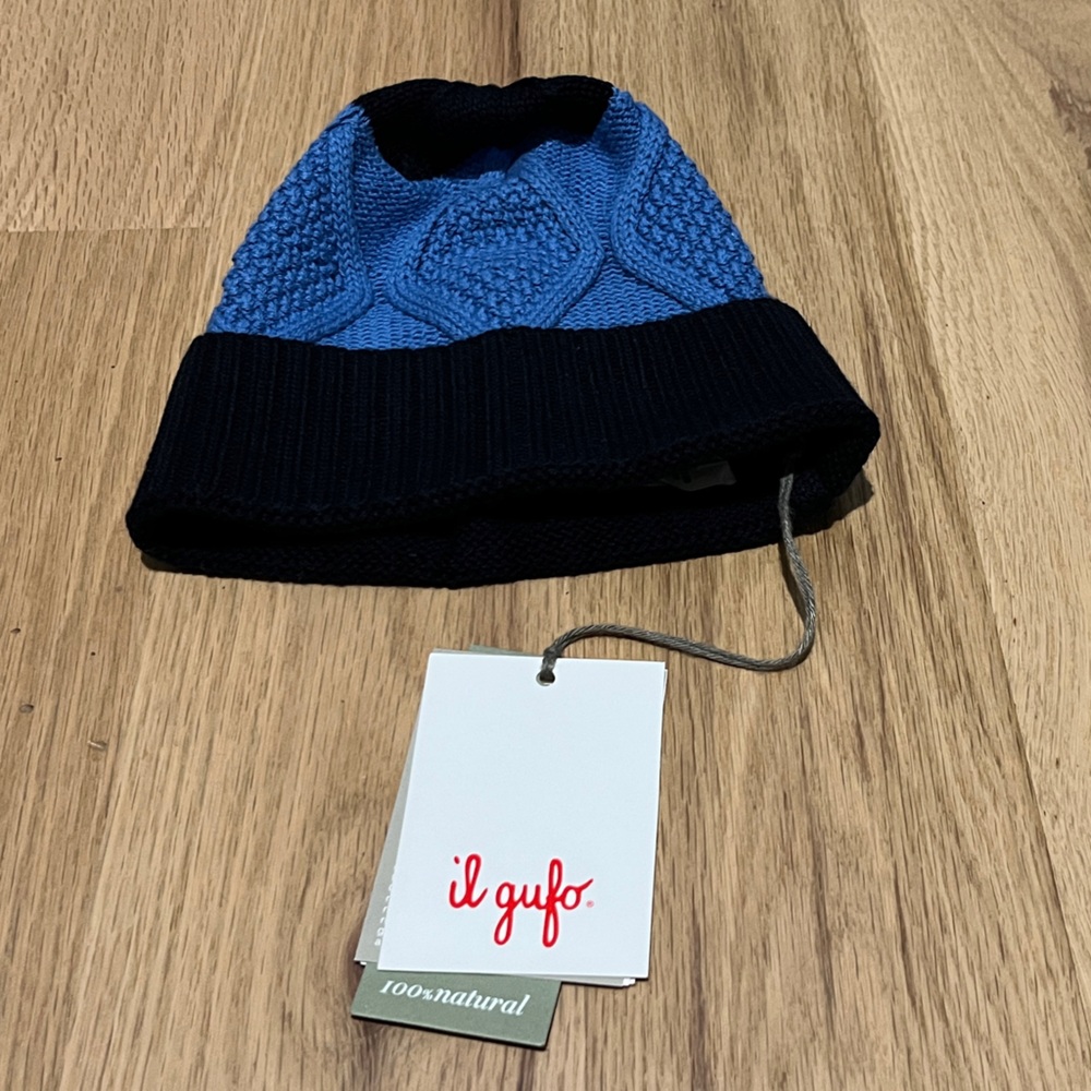 Il Gufo Blue and Black Knit Baby Hat NWT